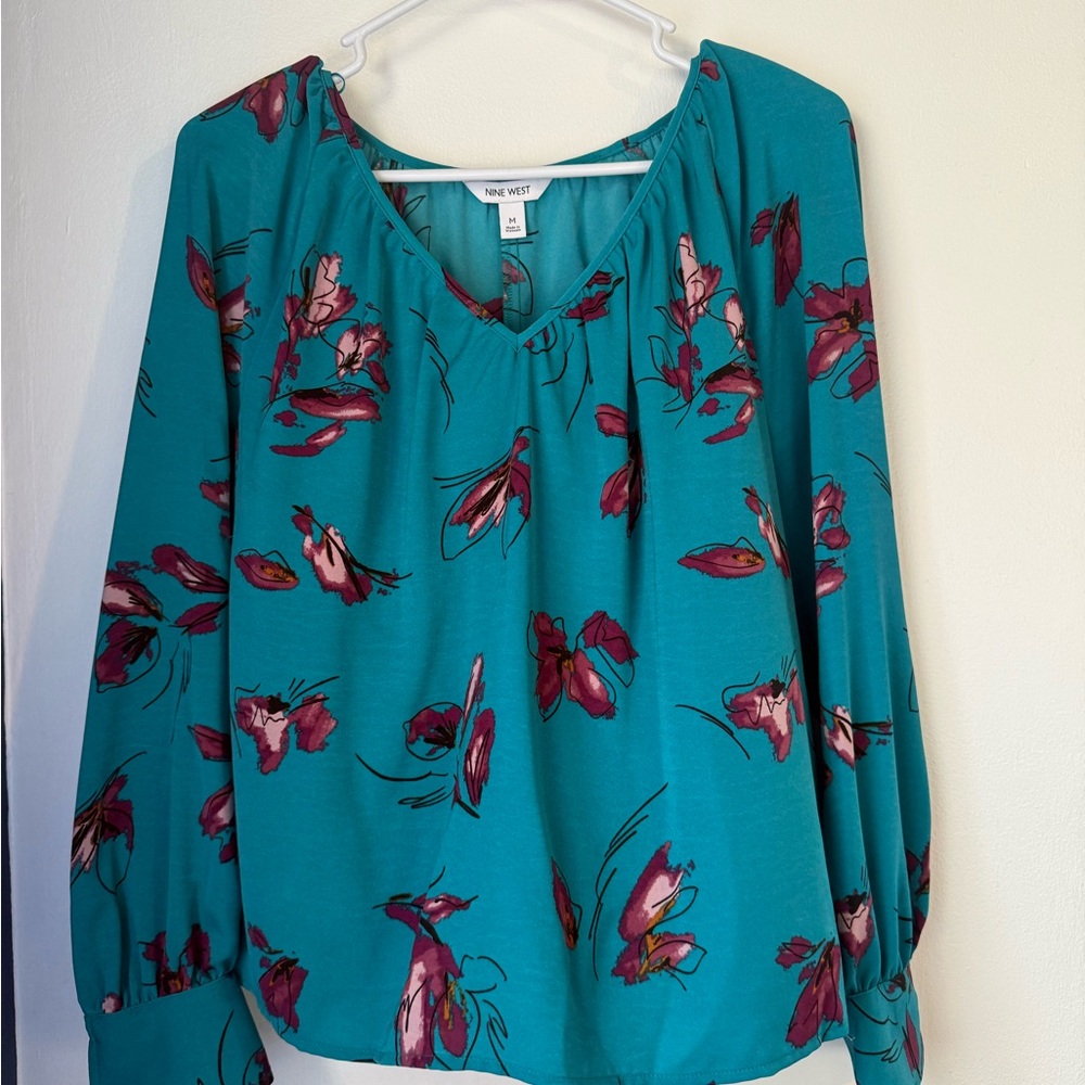 Nine West Blue Puff Sleeve Blouse
